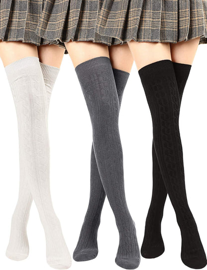 3 Pairs Thigh High Socks over Knee Socks Cotton Thigh High Knit Boot Stockings