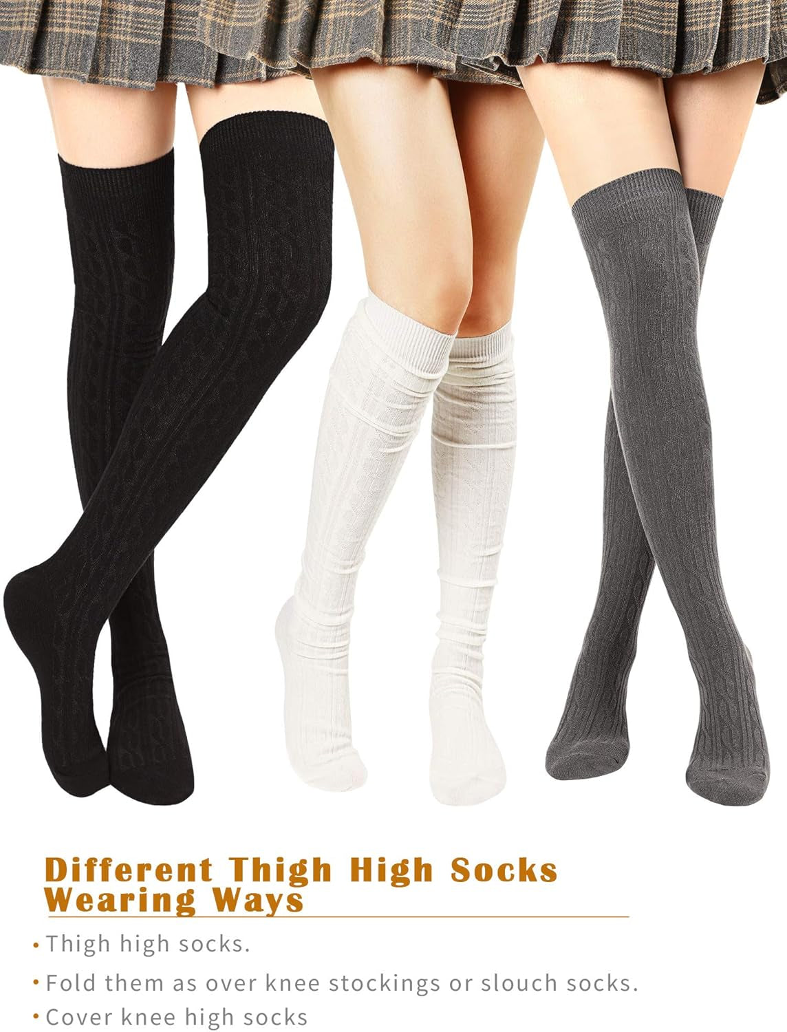 3 Pairs Thigh High Socks over Knee Socks Cotton Thigh High Knit Boot Stockings