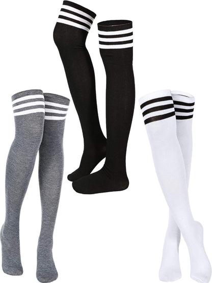 3 Pairs Knee High Socks Thigh High Socks Triple Stripe over the Knee Socks Long Opaque Thigh High Stockings