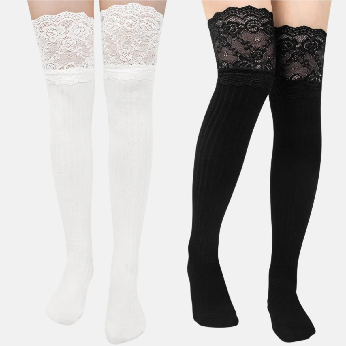 Women Thigh High Socks over the Knee Cotton Knit Long Socks Leg Warmer with Lace Trim, 2 Pairs