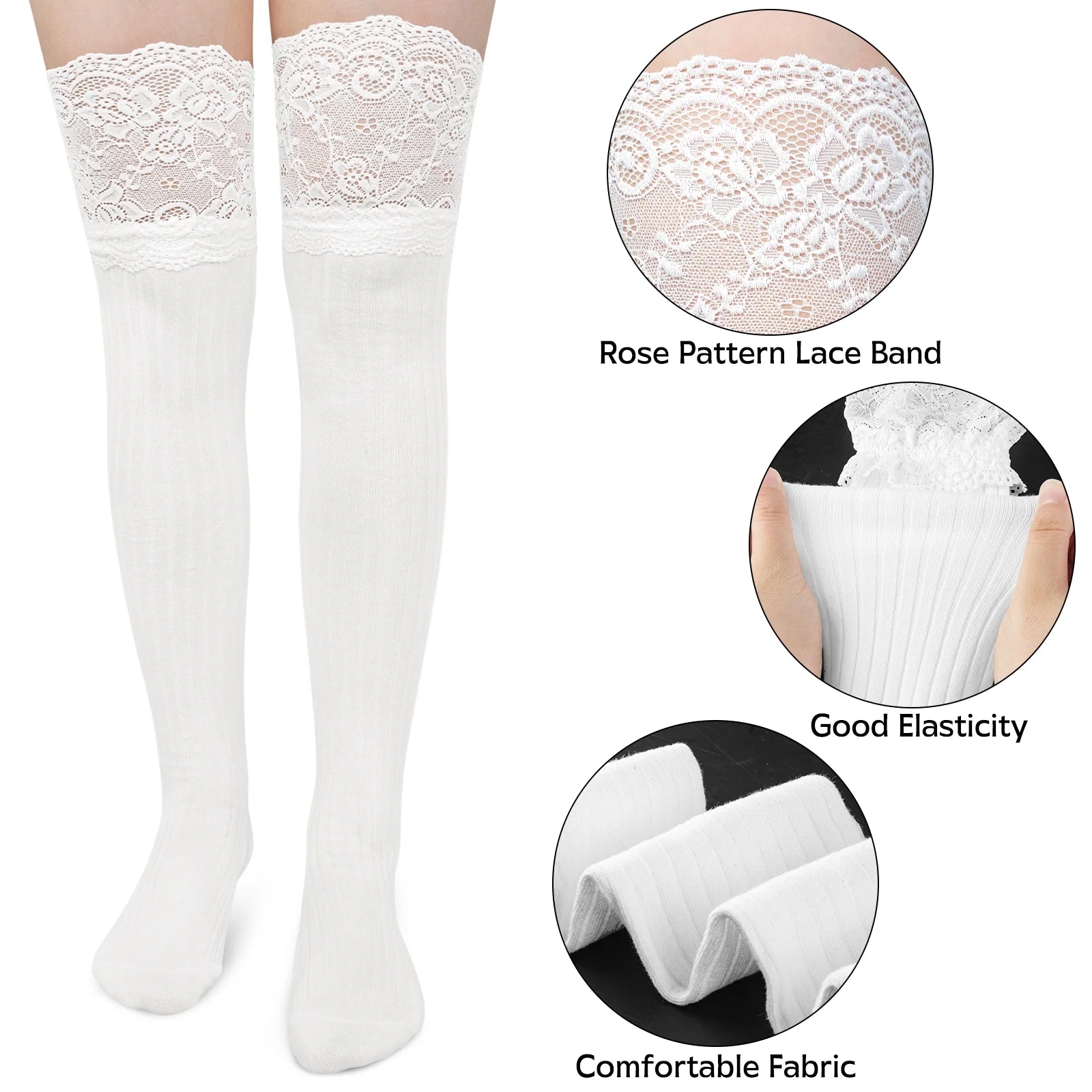 Women Thigh High Socks over the Knee Cotton Knit Long Socks Leg Warmer with Lace Trim, 2 Pairs