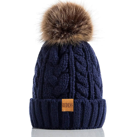 Navy Pom Pom Winter Beanie Hat